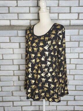 No Boundaries Black Long-Sleeve Tunic with Gold Foil Cat Motif